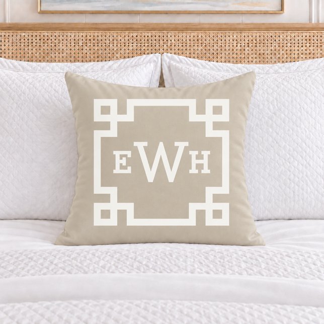 Classic Beige Greek Key Monogram Initial Cushion (Creator Uploaded)