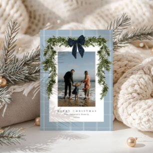 Classic Beige Plaid Evergreen Coquette Photo Holiday Card