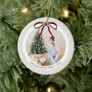 Classic Beige Stripes Red Bow Christmas Ceramic Tree Decoration