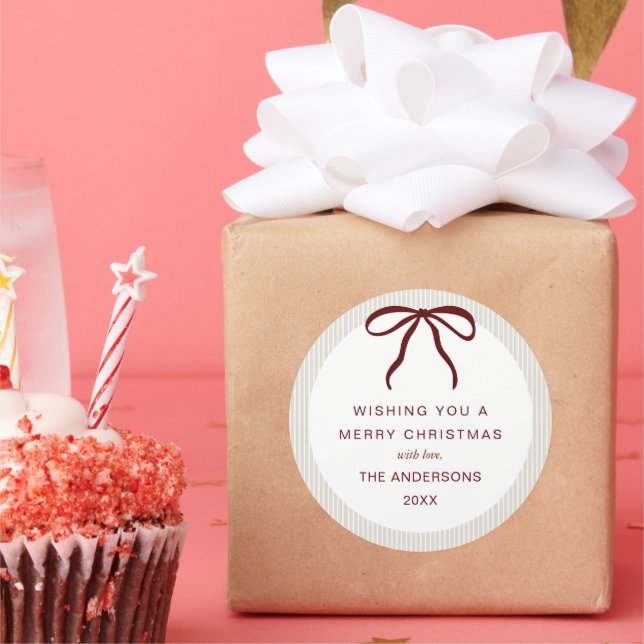 Classic Beige  Stripes Red Bow Merry Christmas Round Sticker (Party)