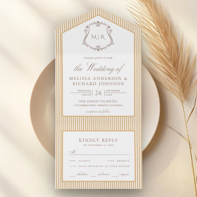 Classic Beige Tan Striped Crest Monogram Wedding All In One Invitation (Creator Uploaded)