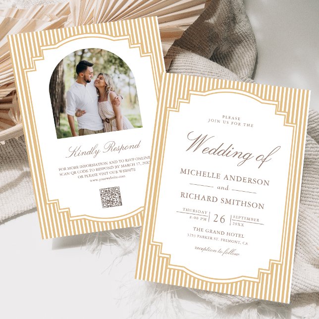 Classic Beige Tan Striped Photo QR Code Wedding Invitation (Creator Uploaded)
