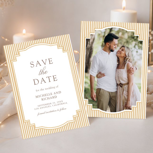 Classic Beige Tan Striped Photo Wedding Save The Date (Creator Uploaded)