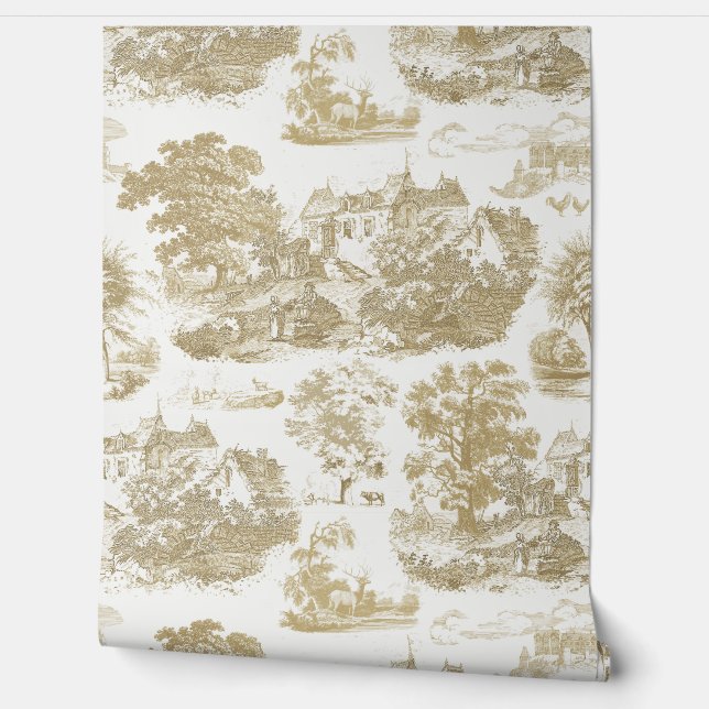 Classic Beige Vintage French Chateau Toile Wallpaper (Unrolling)