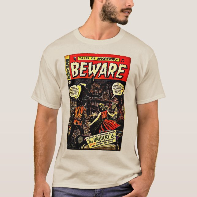 Classic "BEWARE" Fantasy Comics T-Shirt (Front)