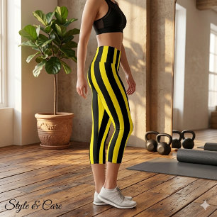 Classic Black and Bright Yellow Striped Capri Leggings