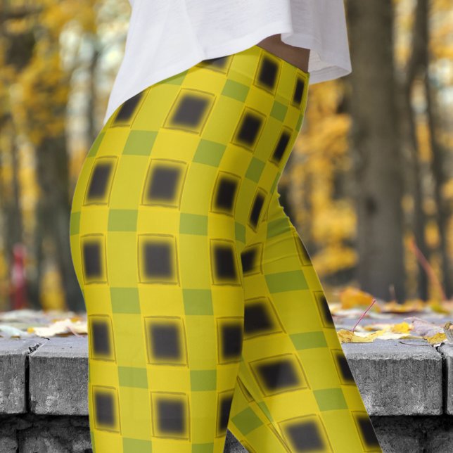 Classic Black and Citron Yellow Check Pattern Leggings (Classic Black and Citron Yellow Check Pattern Leggings)