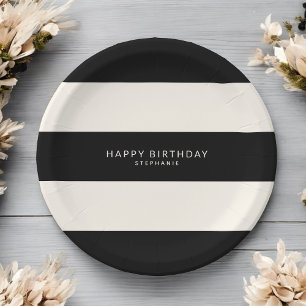 Classic Black and Eggshell White Stripes Birthday Paper Plate