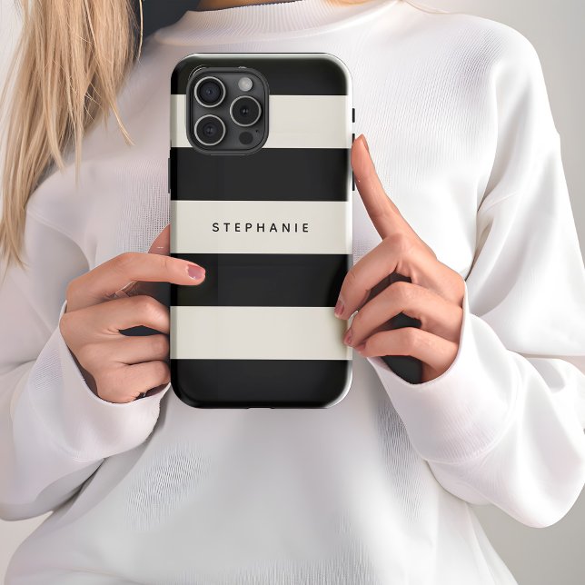 Classic Black and Eggshell White Stripes with Name Case-Mate iPhone Case (Personalize this stylish case with your name, monogram or other desired text.)