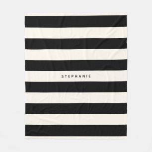 Classic Black and Eggshell White Stripes with Name Fleece Blanket