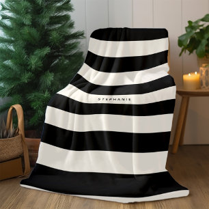 Classic Black and Eggshell White Stripes with Name Sherpa Blanket