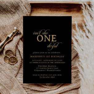 Classic Black and Gold 1st Birthday Party Invitation