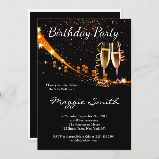 Classic Black and Gold Birthday Party Invite (Front/Back)