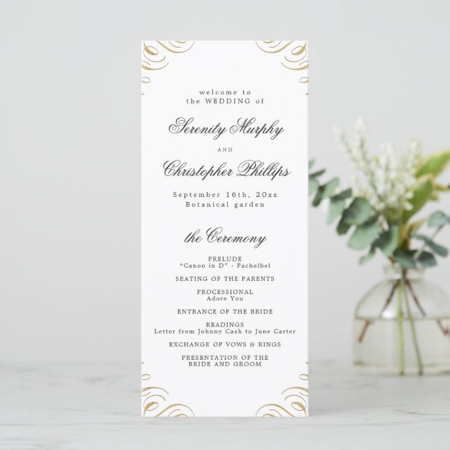 Classic black and gold Calligraphy Wedding Program Menu (Standing Front)