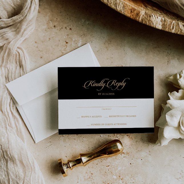 Classic Black and Gold Calligraphy Wedding RSVP Card (Creator Uploaded)