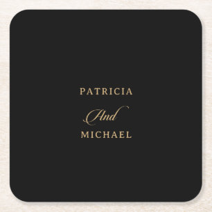 Classic Black and Gold Calligraphy Wedding Square Paper Coaster