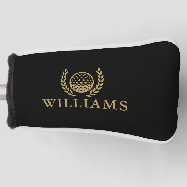 Classic Black And Gold Personalised Name Monogram Golf Head Cover (Front)