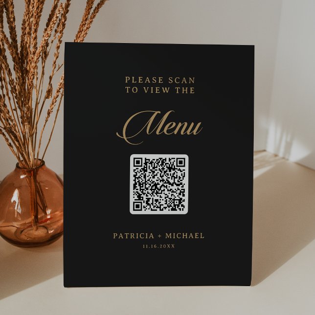 Classic Black and Gold QR Code Wedding Menu Pedestal Sign (Creator Uploaded)