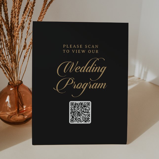 Classic Black and Gold QR Code Wedding Program Pedestal Sign (Creator Uploaded)