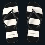 Classic Black and Off-White Stripes with Name Jandals<br><div class="desc">With elegant minimalist styling, this simple classic design has a sophisticated modern appeal. The bold horizontal rugby stripes pattern in black and eggshell off-white has a clean-look sans-serif type face for including your first and last name. These flip flops make wonderful gifts for a variety of occasions including birthdays, weddings,...</div>