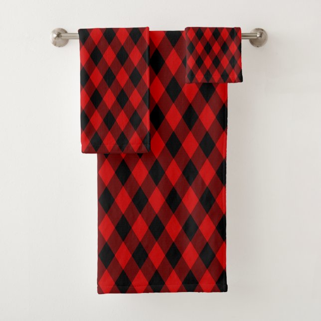 Classic Black and Red Diamond Pattern Bath Towel Set (Insitu)