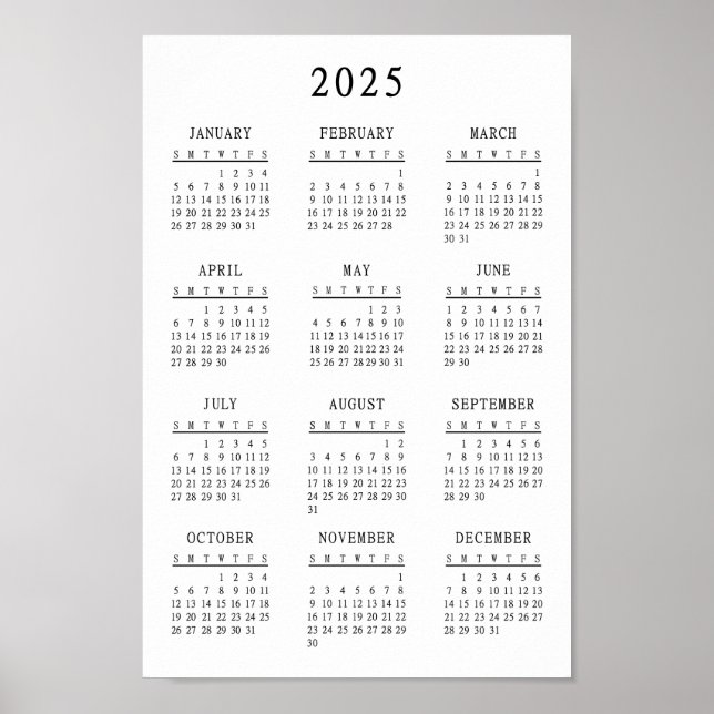 Classic Black and White 2025 Simple Basic Calendar Poster (Front)