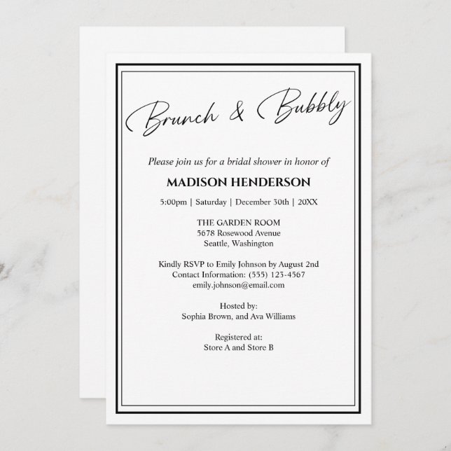 Classic Black and White Bridal Shower Brunch Invitation (Front/Back)
