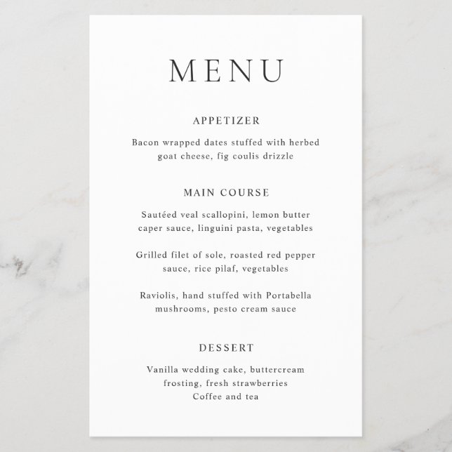 Classic Black and White Budget Wedding Menu (Front)