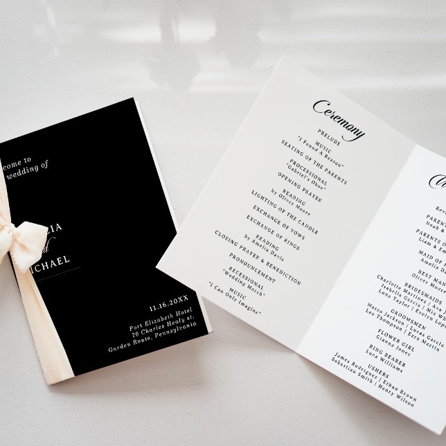 Classic Black and White Calligraphy Folded Wedding Programme (Creator Uploaded)