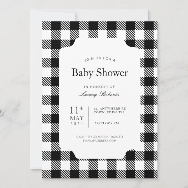 Classic Black and White Checkerboard Plaid Shower Invitation (Front)