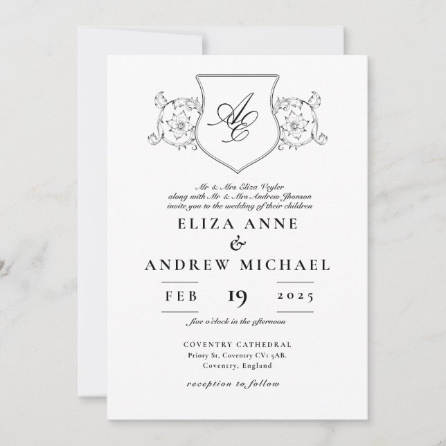 Classic Black and White Crest Monogram Wedding Invitation (Front)