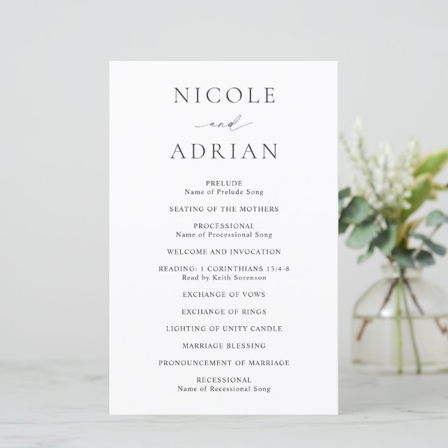 Classic Black and White Elegant Wedding Program (Standing Front)