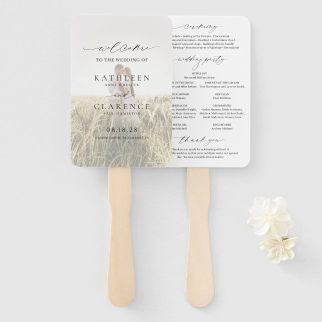 Classic Black and White Elegant Wedding Program Hand Fan (Front and Back)