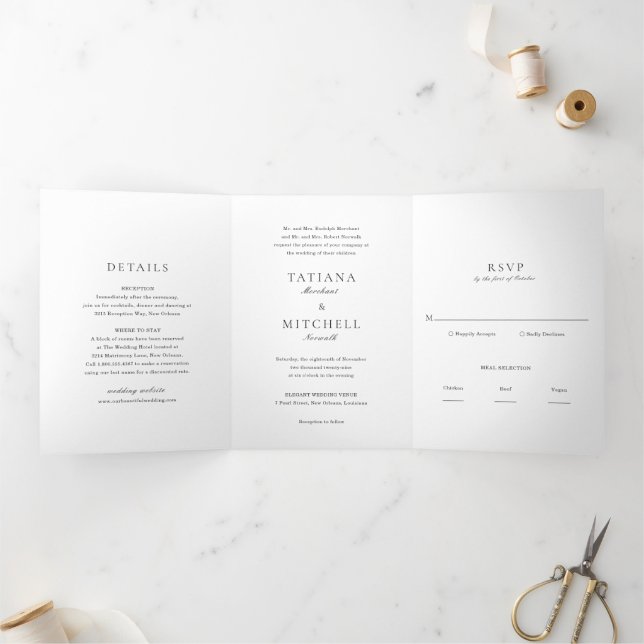 Classic Black and White Elegant Wedding Tri-Fold Invitation (Inside)