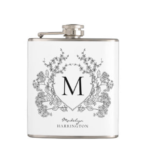 Classic Black and White Floral Crest Monogram Hip Flask