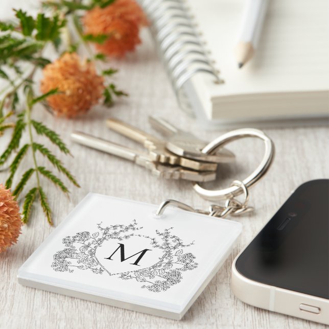 Classic Black and White Floral Crest Monogram Key Ring (Front Right)
