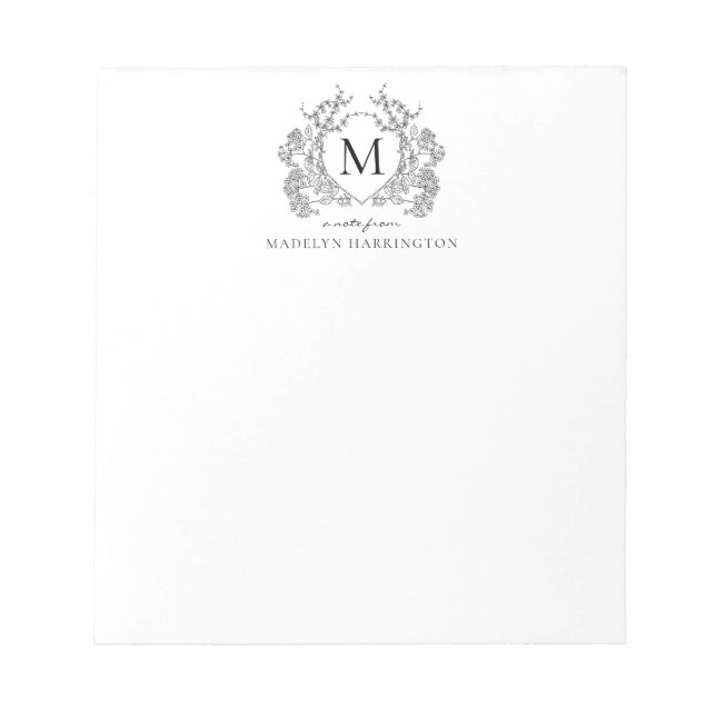 Classic Black and White Floral Crest Monogram Notepad (Front)