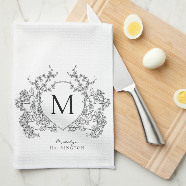 Classic Black and White Floral Crest Monogram Tea Towel (Quarter Fold)