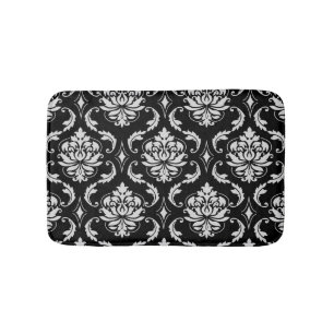 Classic Black and White Floral Damask Pattern Bath Mat