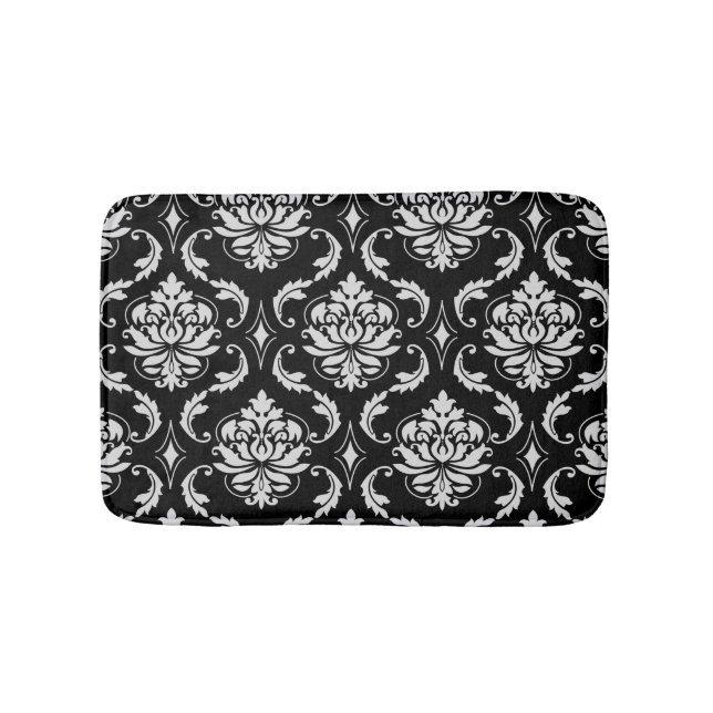 Classic Black and White Floral Damask Pattern Bath Mat (Front)