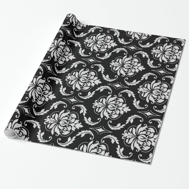 Classic Black and White Floral Damask Pattern Wrapping Paper (Unrolled)