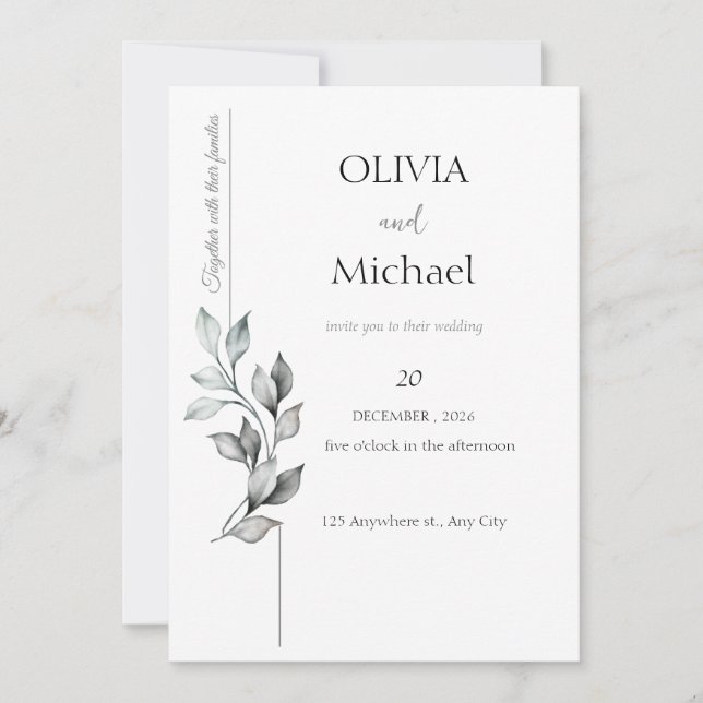 Classic Black and White Foliage Wedding Invitation (Front)