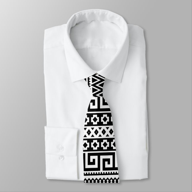 Classic Black And White Greek Key Geometric Tie (Tied)
