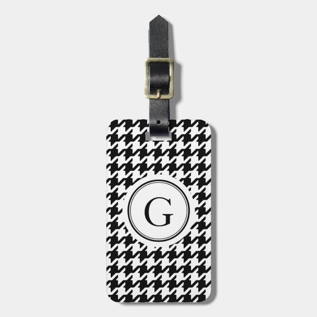 Classic black and white houndstooth monogram luggage tag (Front Vertical)