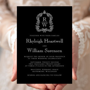 Classic Black and White Monogram Crest Wedding Invitation