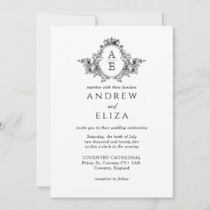 Classic Black and White Monogram Crest Wedding Invitation