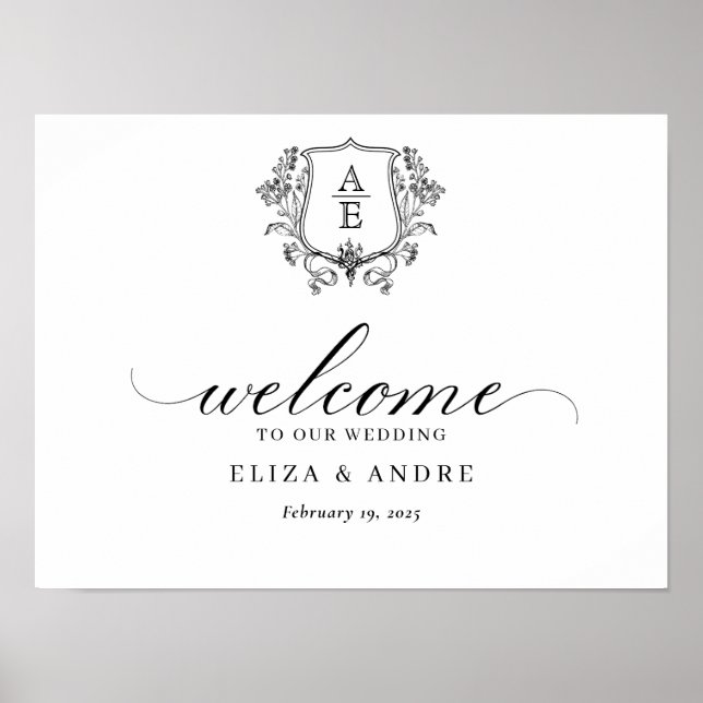 Classic Black and White Monogram Crest Wedding  Poster (Front)