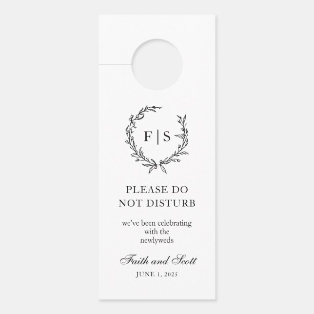 Classic Black and White Monogram Wreath Door Hanger (Front)