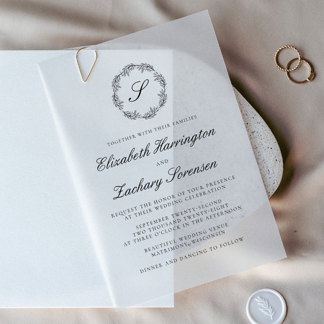 Classic Black and White Monogram Wreath Script Vellum Invitations (Creator Uploaded)