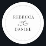 Classic Black and White Personalised Names Wedding Classic Round Sticker<br><div class="desc">Designed to coordinate with our Romantic Script wedding collection,  this customisable names Sticker,  features a calligraphy graphic ampersand,  paired with a classy serif font in black. Matching items available.</div>